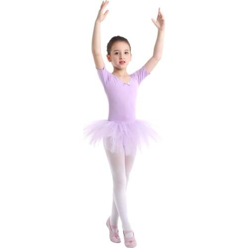 Girls Ballet Tutu Tulle Dress Short Sleeve Gymnastics Leotard Mesh Bowknot Pattern Ballet Leotard for Kids Ballerina Exercise