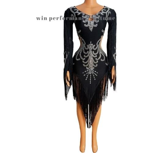 Sparkly Silver Memaid Tassel Rhinestone Elastic short Latin Women Birthday Stage play Celebrate Dress Dancer Party Show Dress