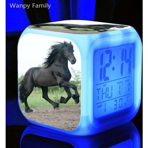 Running Black Horse Alarm Clocks 7 Color Glowing LED Electronic digital alarm clock For Kids room Multifunctio toys alarm clock