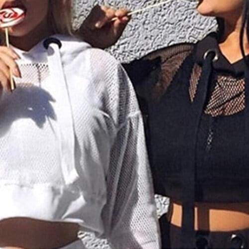 Black Hoodies For Women 2021 Hollow Out Crop Tops Mesh Patchwork Short Sweatshirt Long Sleeve Autumn Tops And Pullovers