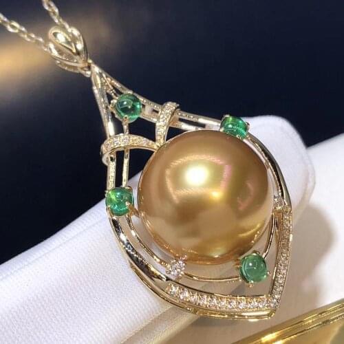 D530 Pearl Pendant Fine Jewelry Solid 14K Gold Round 13-14mm Nature Sea Water Golden Pearls Pendants Necklaces for Women Present