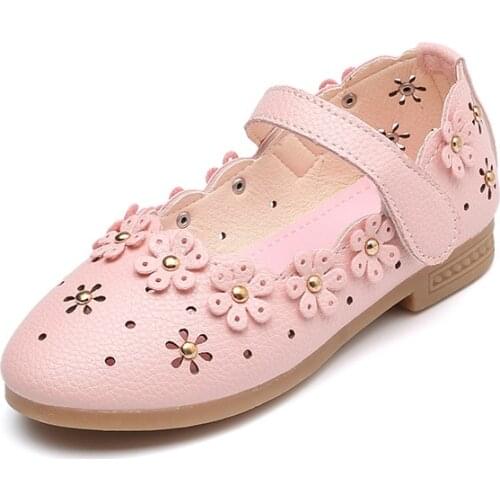 Girls Single Shoes Soft PU With Flowers Cut-outs Princess Kids Single Shoes Children Casual Flats Breathable Floral 26-30