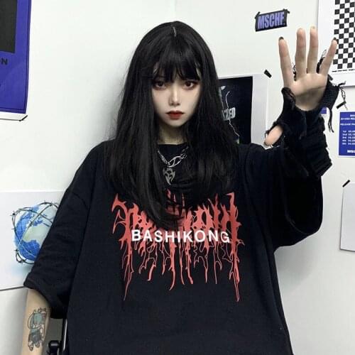 Black Flame T-Shirt Women Oversized Cartoon T Shirts Streetwear Summer Half Sleeve Casual Cute Tops High Street Tshirt Women