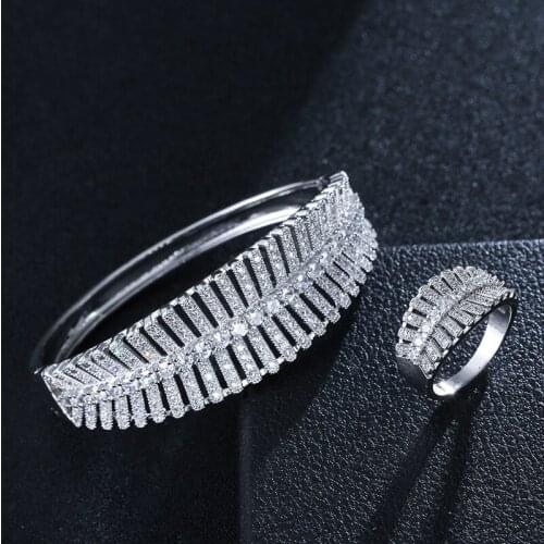 HIBRIDE Luxury Cubic Zirconia Gold Color Women Wedding Party Bangle Bracelet and Rings Sets Bridal Jewelry bijoux N-1860