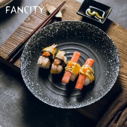 FANCITY Creative ceramic plate, home simple flat plate, dish, rice plate, black breakfast plate, snack plate