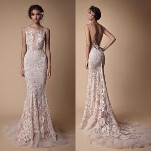 2020 Evening Dresses Jewel Sleeveless Lace Appliques Special Occasion Gowns Custom Made Sexy Backless Sweep Train Prom Dress