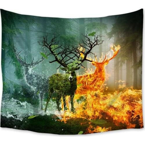 Forest Wildlife Deer Water Fire Tapestry Wall Hanging Carpet Psychedelic Tapiz Beach Mat Witchcraft Wall Cloth Tapestries