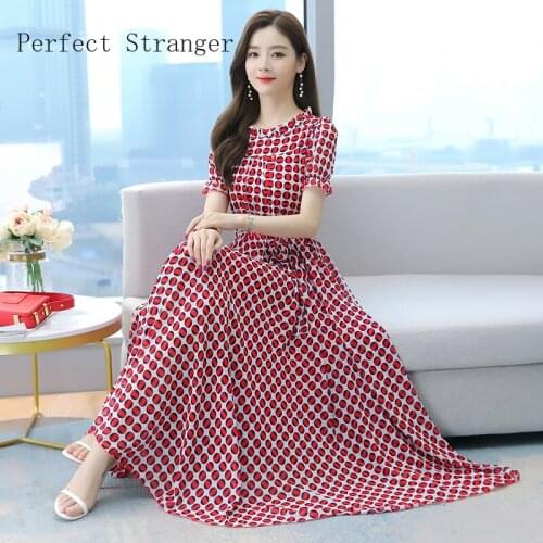 2021 Summer New Arrival Hot Sale Round Collar Dots Printed Short Sleeve Women Long Chiffon Dress M-4XL