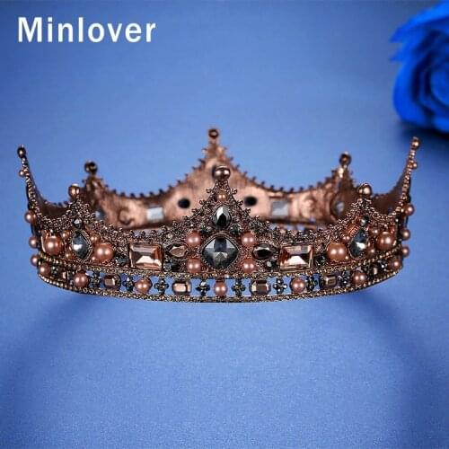 Minlover Vintage Crystal Full Round Baroque Bride Tiara Crown Wedding Hair Accessories for Women Men King Diadem Headpiece HG184