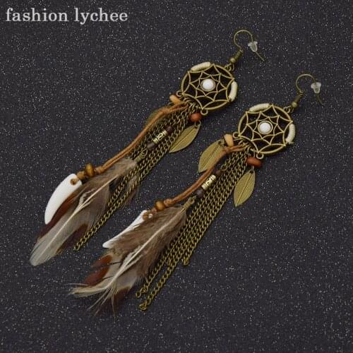 Fashion lychee Elegant Women Bohemian Dream Catcher Feather Dangle Earrings Long Drop Ear Fashion Jewelry Gift