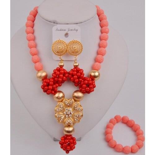 Fashion Pink and Red Coral Beads Necklace Nigerian Wedding African Jewelry Set 12-L-03