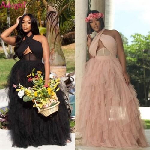 Adogirl 2021 New Exquisite Mesh Ruffles Maxi Dress Corset Cross Halter Backless Long Flare Evening Party Gown Women Vestidos
