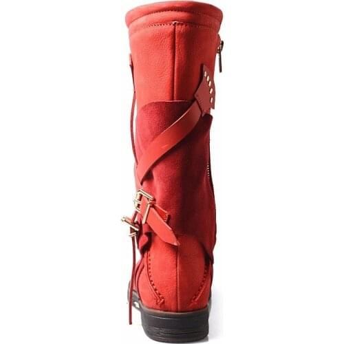 New British Cross Strap Buckle Shoes Rivet Genuine Leather Winter Casual Streetwear Shoes Block Low Heels Mid Calf Boots