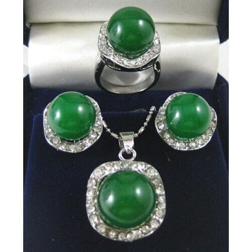 Charming Green Jade&pink coral inlay Earring Pendant Necklace Ring