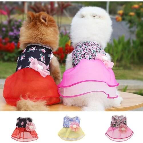 Pet Dog Rose Flower Gauze Princess Dress Sweet Floral Print Lace Mini Skirt Summer Puppy Cat Clothes Apparel Puppy Dog Accessory