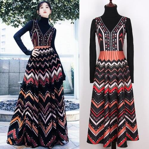 S-2XL high quality 2020 new fashion print V-neck sleeveless big swing slim dress black turtleneck long sleeve sweater suit