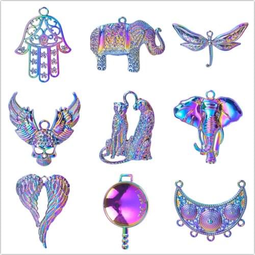 2x Big Rainbow Charm Animal Elephant Leopard Pendant Charms For Jewelry Making Skull Wings Punk Accessories Vintage Fatima Hand