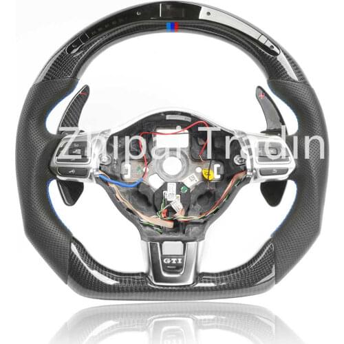 Carbon Fiber and Perforated Leather Steering Wheel with BMW Tricolor Mark, Button and LED Assembly for Volkswagen MK6 GTI R