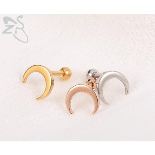 ZS 3 Color Rose Gold Moon Stud Earrings for Women Stainless Steel Cartilage Helix Piercing Earrings Steel Gold Ear Stud Jewelry