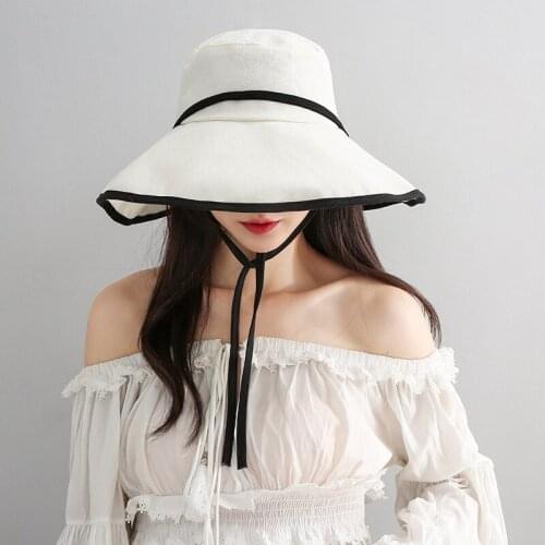 Large Wide Brim Sunbonnet Fedoras Cap Solid Windproof Face-covering Bucket Hat Summer Orange Cotton Beach Hat With Tie YY150