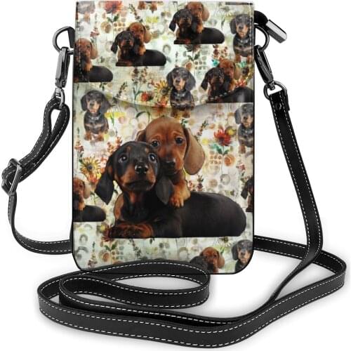 Cute Dachshund Dog Print Crossbody Bags Leather Women Straps Shoulder Bag Mobile Phone Card Holders Wallet Handbag Pockets Girls