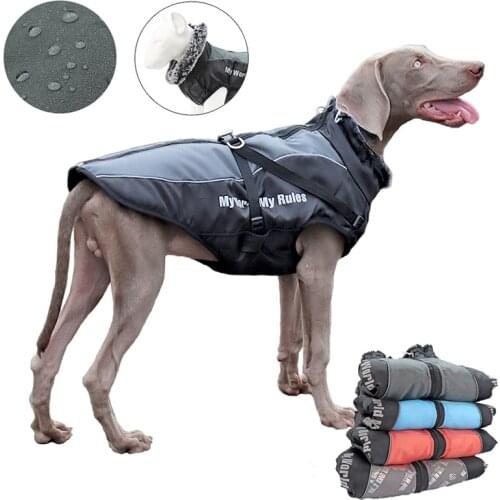 Waterproof Large Dog Clothes Winter Dog Coat With Harness Furry Collar Warm Pet Clothing Big Dog Jacket Labrador Bulldog Costume