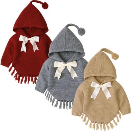 0-24M Toddler Baby Girls Knit Tassel Coat Jacket Outwear Cloak Long Sleeve Pullover Bowknot Outfits Autumn Winter Clothes