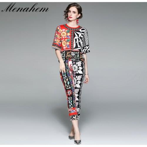 Menahem Runway Summer Flower Print Womens Baroque Floral Half Slevee Loose Blouse Tops + Slim Pencil Long Pants 2 Piece Suit