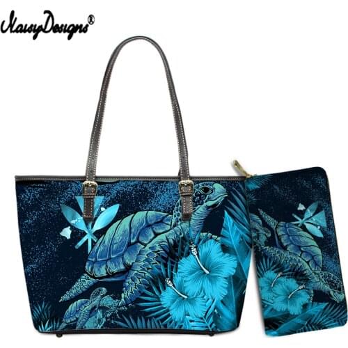 NOISYDESIGNS 2pcs/set Women Shoulder Bags Hibiscus Turtle Hawaiian Printing Female Top-handle Handbags and Leather Purse Femme