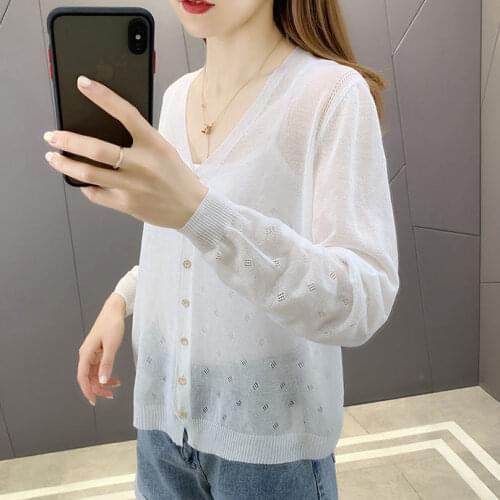 Women 2021 Summer Fashion Thin Sunscreen Shirts Female New Ice Silk Knitted Shawl Ladies Solid Color Loose Cardigan Coats W145