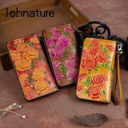 Johnature Vintage Embossed Women Hand Wallet 2021 New Hand Painted Genuine Leather Phone Purse Nature Cowhide Long Wallets