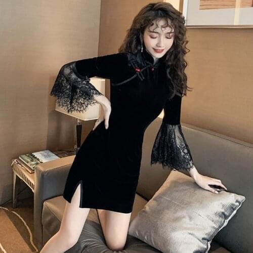 Lady Elegant Black Velvet Cheongsam Dress Lace Patchwork Qipao 2020 New Retro Chinese Style Traditional Clothes Party Gown 11837