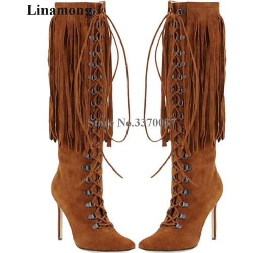 Winter Women Fashion Pointed Toe Suede Leather Long Tassels Knee High Boots Lace-up Customize Thin Heel Long Boots