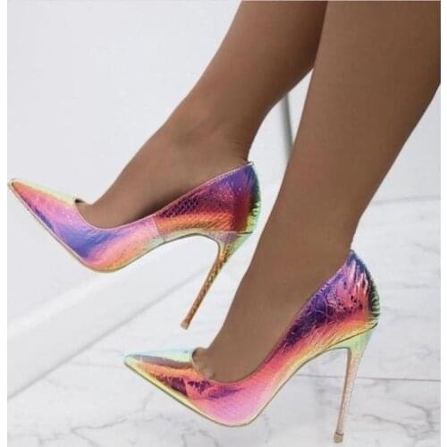 Brand Iridescent Stiletto Heels Dress Shoes Pink Silver Printed Snake Leather High Heel Dress Shoes Pointed Toe Banquet Party