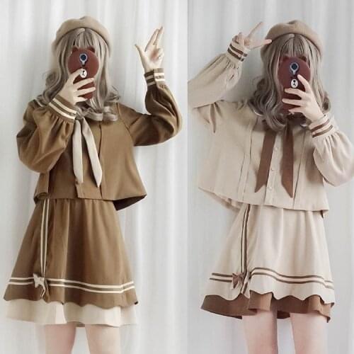 COYOUNG Store Students JK Uniform Lolita Top Shirt Skirt Bowtie Cosplay Costume Long Sleeves Blouse School Kawaii Girls Cute