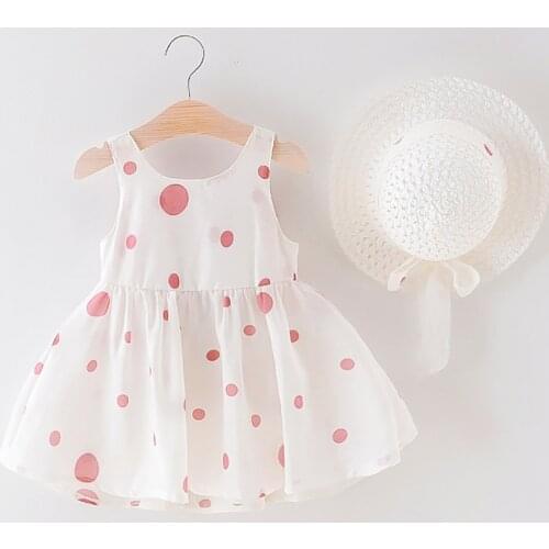 2019 New Baby Casual Summer Dress+hat Cotton Print Dot Bow Princess Sleeveless Infant Girls Dresses Toddler baby Girl Clothes