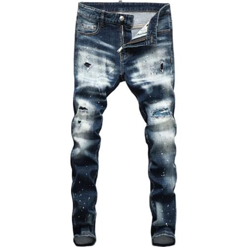 European Street Fashion Men Jeans Retro Blue Plain Washed Slim Ripped Jeans Men Patch Painted Designer Hip Hop Denim Punk Pants