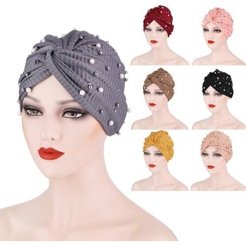 New Fashion Pearl Headscarf Headgear Loose Forehead Cross Forehead Womens Hat European And American Elastic Headscarf Cap