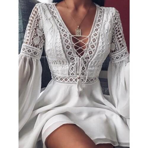Lace V-Neck Knitted Dress 2021 New Long Sleeve Midi Dresses Vintage Elegant Solid Beach Wear Casual String Clothes Outfit