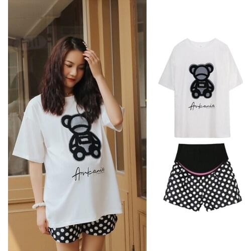 Fashion Maternity Set Casual Maternity Suit Summer Pregnancy Bear T-shirt+dot Pants Trousers Pregnant Sets Clothes