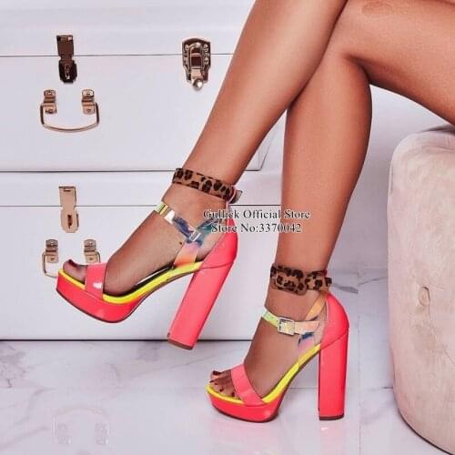 Muti Color Patchwork Chunky Heel Sandals Iridescent PVC Ankle Strap Summer Dress Shoes Cut-out High Platform Banquet Party Shoes