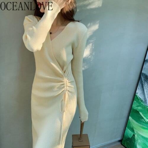 OCEANLOVE Knitting Robe Femme Pleated V Neck Solid Elegant Autumn Winter Long Dresses for Women 2021 Vintage Slim Vestidos