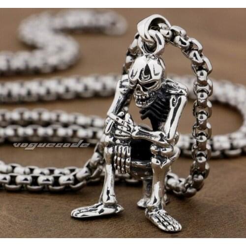 LINSION Smoking Skull On Closestool 925 Sterling Silver Mens Biker Rock Punk Pendant 8P024