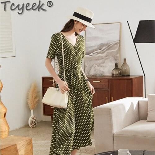 Tcyeek Summer Dress 2021 Elegant 100% Silk Dress Female Short Sleeve Dresses for Women Polka-dot Midi Clothes Vestido De Mujer 4