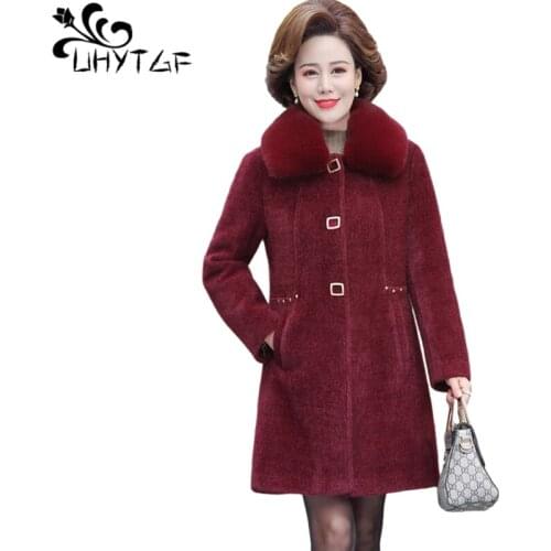 UHYTGF Womens Jacket Elegant Mother Autumn Winter Woolen Coat Quality Mink Fleece Thicken Warm Outerwear Plus Size Clothes 1358