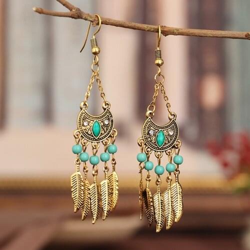 Ethnic Womens Tassel Dangle Earrings Long Bohemia Gold Color Leaf Crescent Shape Jhumka Earrings 2020
