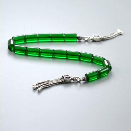 Green Bakelite Stress Chain Polshak Mascot Rosary 6x11 cm. Bakelite Cut 925 Sterling Silver Decorated