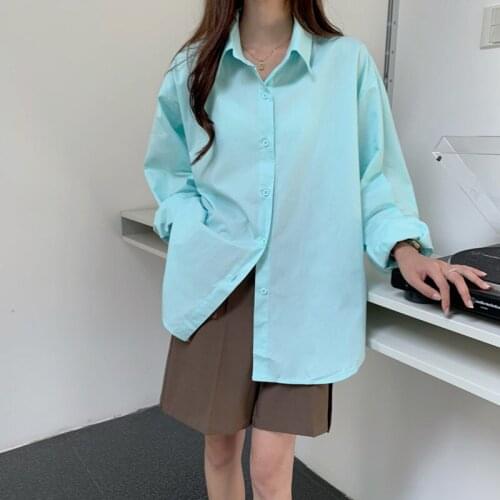 White Solid Shirts For Women 2021 Summer Fall Loose Single-breasted Female Blouses Casual Long Sleeve Polo Neck Blusas T026