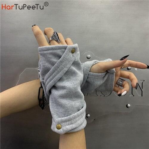 Wholesale Hip Hop Dance Long Gloves Women Harajuku Solid Unisex Half Finger Gloves Cotton Buttons Streetwear