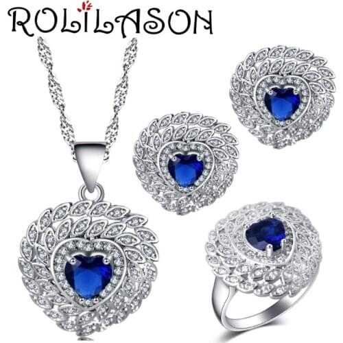 ROLILASONHeart-shaped design for women blue zircon silver Earrings Necklace Rings Jewelry Sets USA size #6#7#8#9#10 JS727